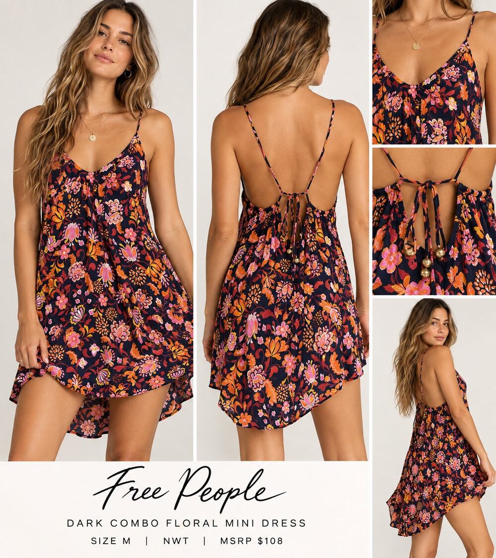 Free People Dark Combo Floral Strappy High Low Mini Dress Size M NWT